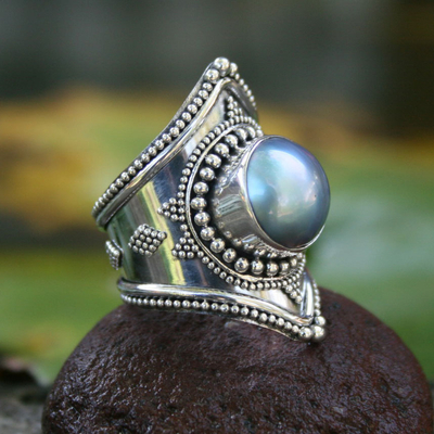 Cultured pearl cocktail ring, 'Faithful' - Sterling Silver and Pearl Cocktail Ring