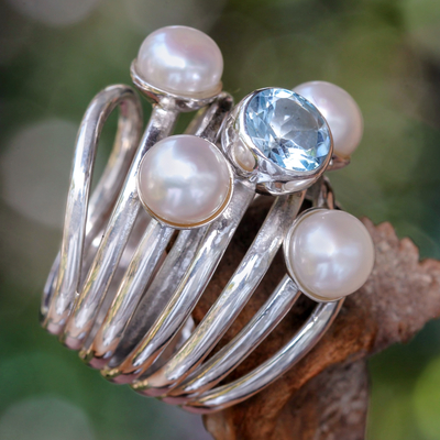 Pearl and topaz cocktail ring, 'Heavens Above' - Pearl and Blue Topaz Cocktail Ring