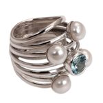 Pearl and topaz cocktail ring, 'Heavens Above' - Pearl and Blue Topaz Cocktail Ring