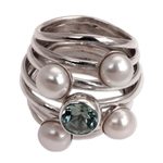 Pearl and topaz cocktail ring, 'Heavens Above' - Pearl and Blue Topaz Cocktail Ring