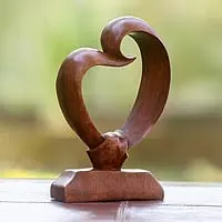 Wood statuette, 'Heart Bond'