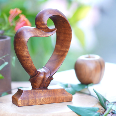 Wood statuette, 'Heart Bond' - Romantic Wood Sculpture