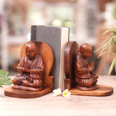 Wood bookends, 'Buddha's Prayer' (pair) - Praying Buddha Carved Wood Bookends