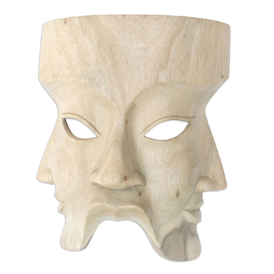 Wood mask, 'Hindu Divine Trinity' - Religious Hibiscus Wood Mask