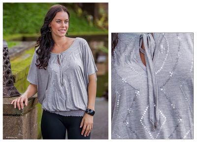 Blouse, 'Gray Butterfly' - Unique Embroidered Knit Top