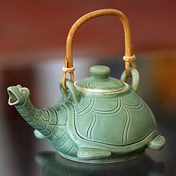 Teapot, 'Lingering Turtle' - Unique Ceramic Teapot