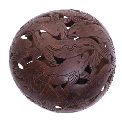 Coconut shell sculpture, 'Diving Dolphins' - Coconut shell sculpture