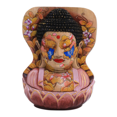 Wood statuette, 'Buddha at One with Nature' - Hand Painted Crocodile Wood Sculpture