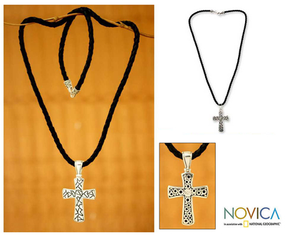 Men's sterling silver cross necklace, 'Puzzle' - Handmade Men's Silver Cross Necklace