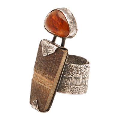 Amber and bamboo cocktail ring, 'Imagine' - Sterling Silver Cocktail Ring with Amber and Bamboo