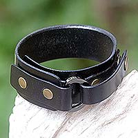 Men's leather wristband bracelet, 'Bold Black'