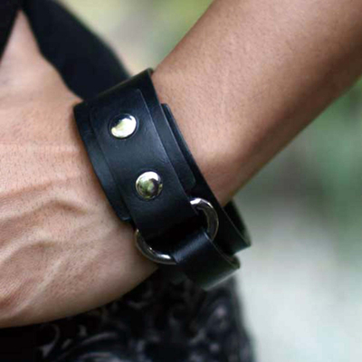 Men's leather wristband bracelet, 'Bold Black' - Men's Studded Leather Wristband Bracelet