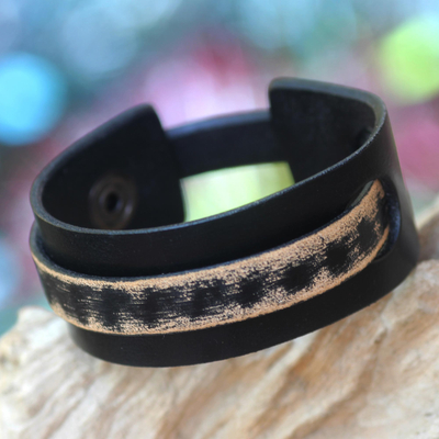 Men's leather wristband bracelet, 'Coal Trendsetter' - Men's Handmade Leather Wristband Bracelet