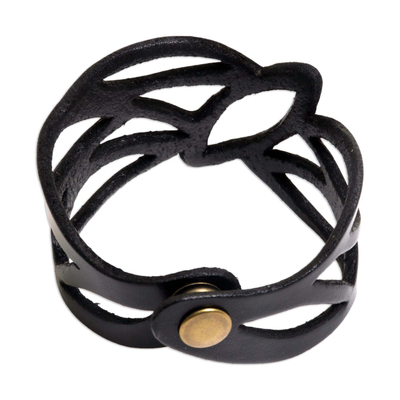 Leather wristband bracelet, 'Licorice Nest' - Indonesian Leather Wristband Bracelet