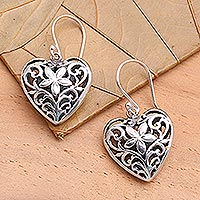 Sterling silver heart earrings, 'Romance Blossoms' - Heart Shaped Sterling Silver Dangle Earrings
