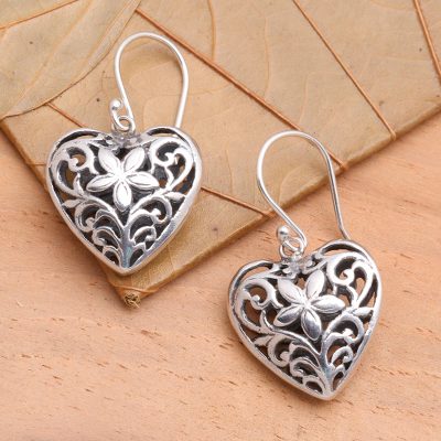 Sterling silver heart earrings, 'Love Blossoms' - Heart Shaped Sterling Silver Dangle Earrings