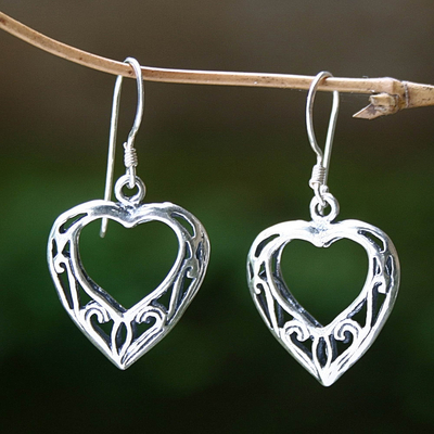Sterling silver heart earrings, 'Room in My Heart' - Handcrafted Sterling Silver Heart Earrings