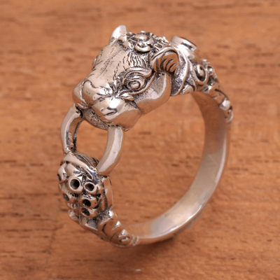 Garnet cocktail ring, 'Silver Tiger' - Fair Trade Sterling Silver Band Ring