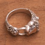 Garnet cocktail ring, 'Silver Tiger' - Fair Trade Sterling Silver Band Ring