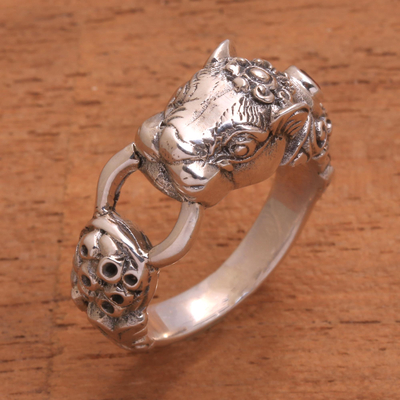 Garnet cocktail ring, 'Silver Tiger' - Fair Trade Sterling Silver Band Ring