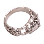 Garnet cocktail ring, 'Silver Tiger' - Fair Trade Sterling Silver Band Ring