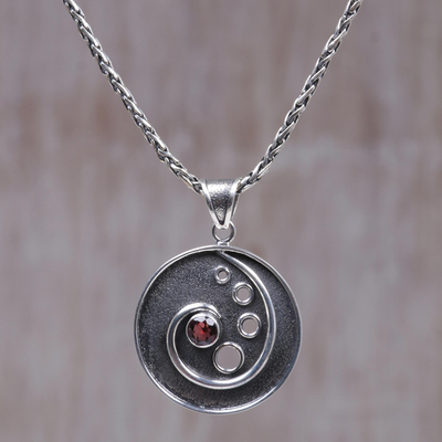 Garnet pendant necklace, 'Morning Surf' - Sterling Silver and Garnet Pendant Necklace
