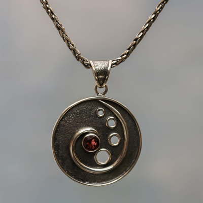 Garnet pendant necklace, 'Morning Surf' - Sterling Silver and Garnet Pendant Necklace