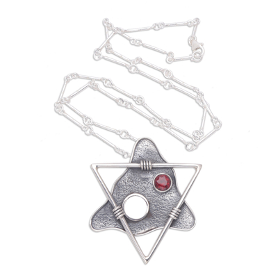 Garnet pendant necklace, 'Triangles' - Modern Sterling Silver and Garnet Pendant Necklace