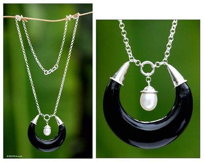 Cultured pearl and horn pendant necklace, 'Nightlight' - Cultured pearl and horn pendant necklace