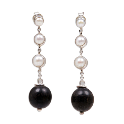 Cultured pearl and ebony dangle earrings, 'Opportunity' - Cultured pearl and ebony dangle earrings