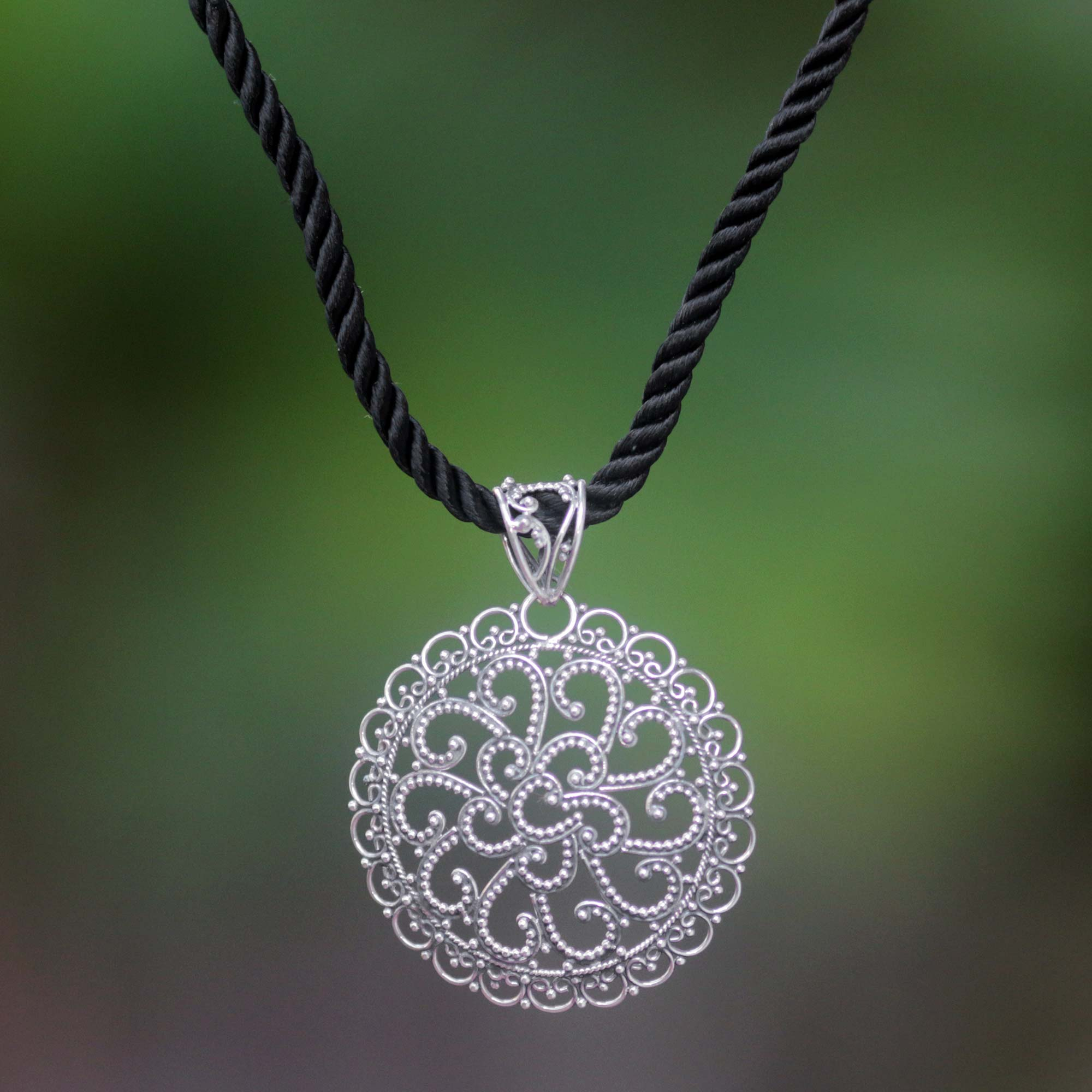 Two Tone Sterling Silver Bali Filigree Pendant Necklace