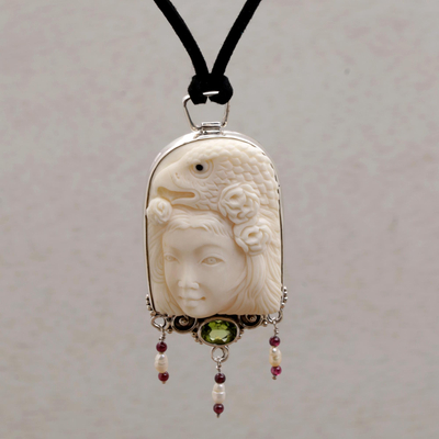 Pearl and peridot pendant necklace, 'Queen of Eagles' - Indonesian Peridot and Bone Pendant Necklace