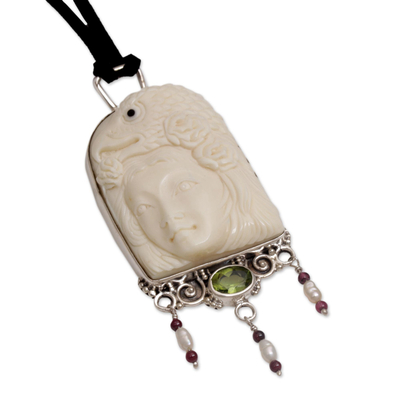 Pearl and peridot pendant necklace, 'Queen of Eagles' - Indonesian Peridot and Bone Pendant Necklace