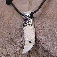 Amethyst men's necklace, 'Brave Eagle' - Men's Sterling Silver and Amethyst Bird Necklace