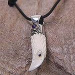 Men's Sterling Silver and Amethyst Bird Necklace, 'Brave Eagle'