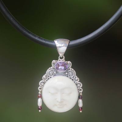 Pearl and amethyst pendant necklace, 'Sleeping Beauty' - Sterling Silver Amethyst and Cow Bone Necklace