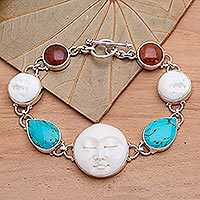 Amber and carved bone bracelet, 'Goddesses' - Turquoise and Carved Bone Bracelet