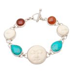 Amber and carved bone bracelet, 'Goddesses' - Carved Bone Sterling Silver Bracelet