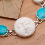 Amber and carved bone bracelet, 'Goddesses' - Carved Bone Sterling Silver Bracelet