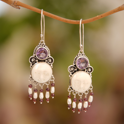 Cultured pearl and amethyst chandelier earrings, 'Dreams' - Pearl and Amethyst Sterling Silver Earrings