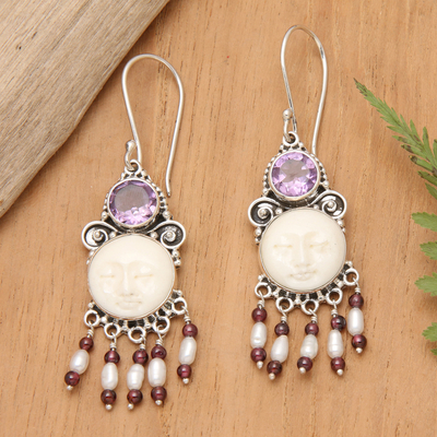Cultured pearl and amethyst chandelier earrings, 'Dreams' - Cultured Pearl and Amethyst Sterling Silver Earrings