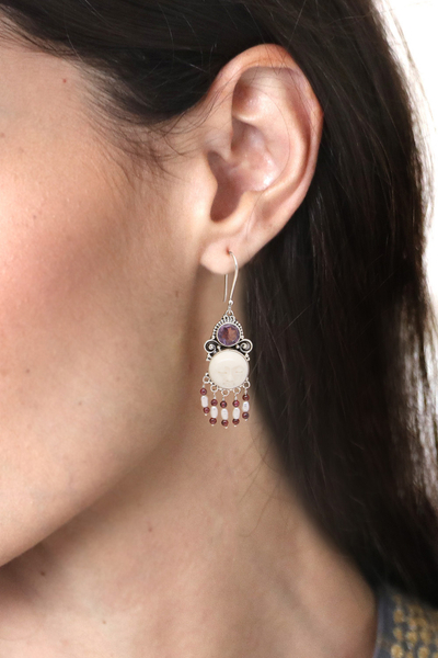 Cultured pearl and amethyst chandelier earrings, 'Dreams' - Cultured Pearl and Amethyst Sterling Silver Earrings