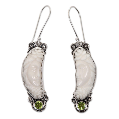 Peridot dangle earrings, 'Rose Queen' - Peridot and Bone Sterling Silver Dangle Earrings