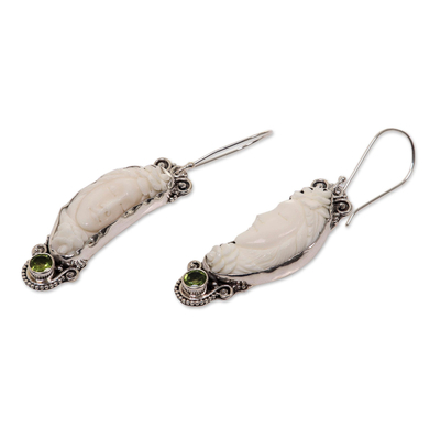 Peridot dangle earrings, 'Rose Queen' - Peridot and Bone Sterling Silver Dangle Earrings