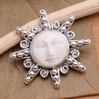 Sterling silver brooch pin, 'Smiling Moon' - Carved Bone Sterling Silver Brooch Pin