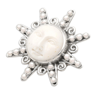 Sterling silver brooch pin, 'Smiling Moon' - Carved Bone Sterling Silver Brooch Pin