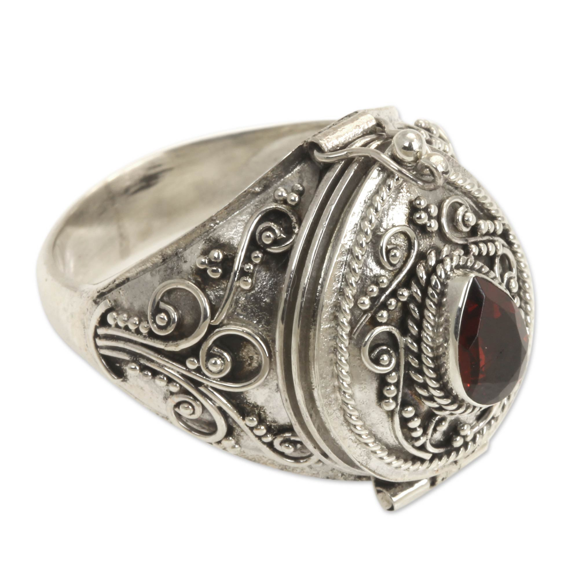 Handcrafted Sterling Silver and Garnet Locket Ring - Secret Love | NOVICA