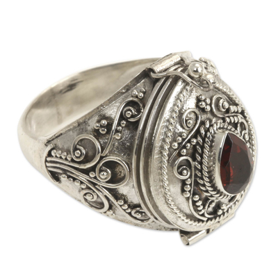 Garnet solitaire locket ring, 'Secret Love' - Handcrafted Sterling Silver and Garnet Locket Ring