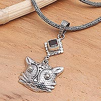 Garnet pendant necklace, 'Cat's Passion' - Unique Silver and Garnet Cat Necklace