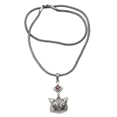 Garnet pendant necklace, 'Cat's Passion' - Sterling Silver and Garnet Pendant Necklace